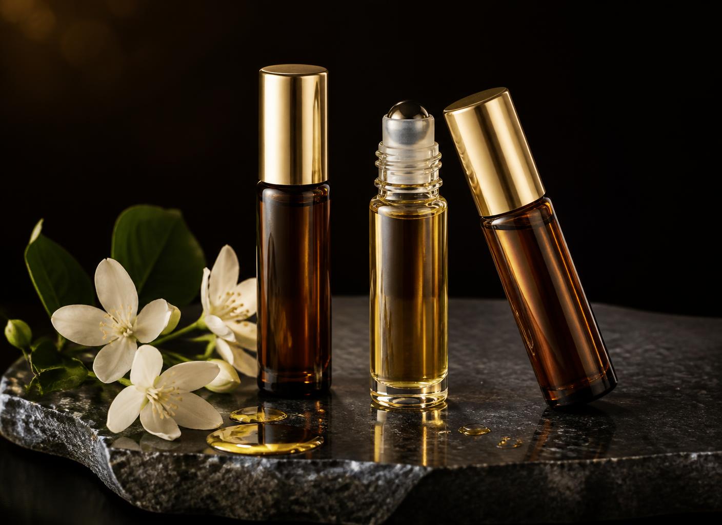 Alcohol-free oil-based perfume roll-ons with jasmine on dark stone